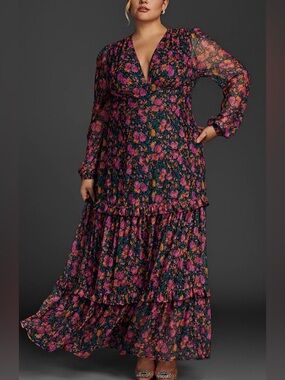 Floral Tiered Maxi Dress in Deep Green and Pink